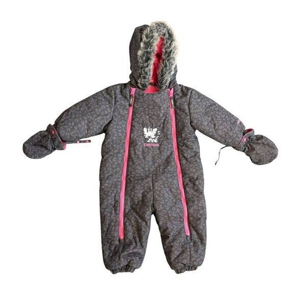 OshKosh B'gosh Other - OshKosh b'Gosh Snow Suit 18 Months Girl Gray Leopard Pink Faux Fur Collar Warm